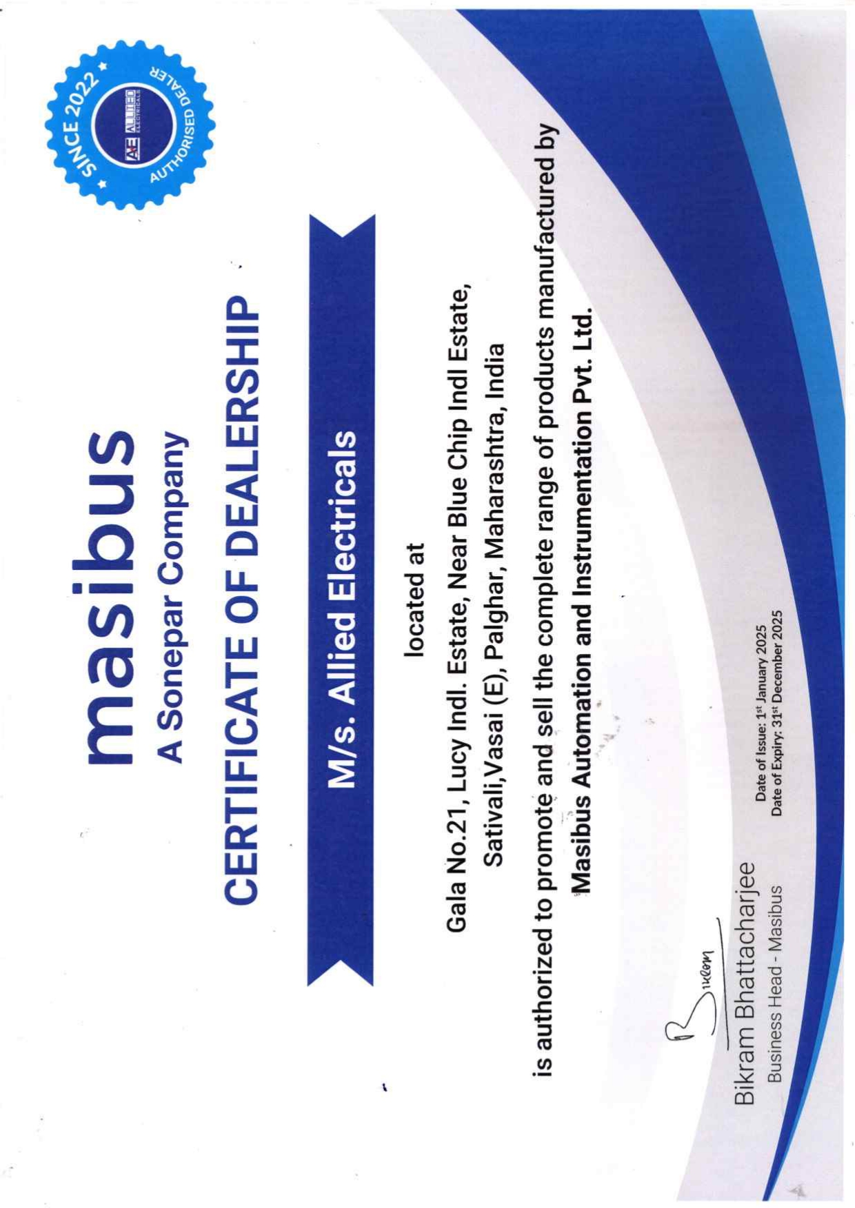 Masibus Dealership Certificate